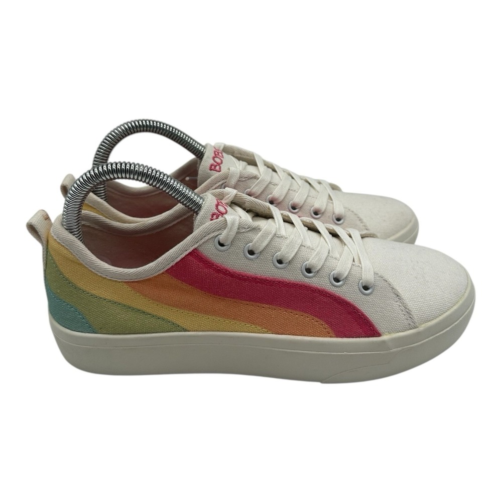 Bobs Skechers Rainbow Shoes Womens Sz 7 White Canvas Pride Sneakers 31298‎